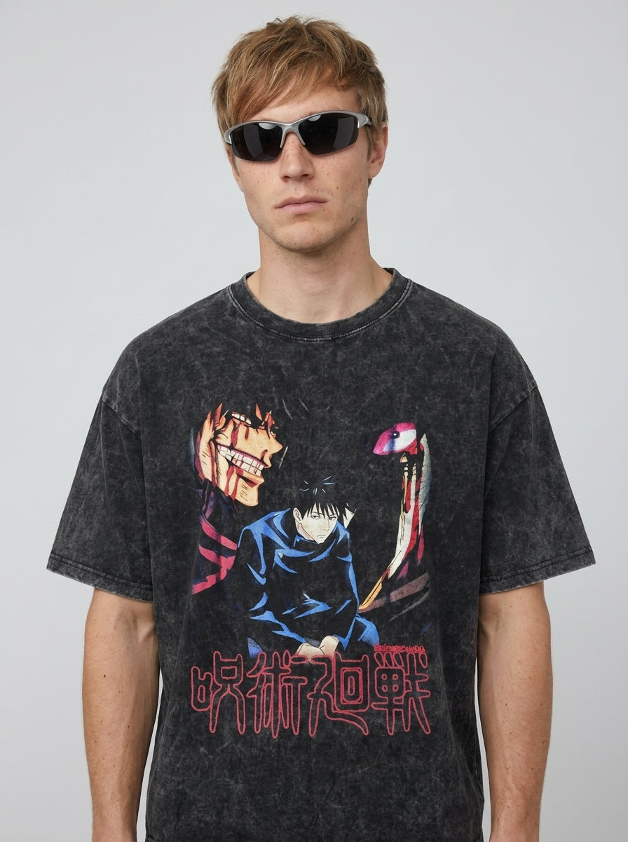 Vintage Washable T-Shirt - Streetwear Anime Graphic on male model — washed black t-shirt front view | Tempus Arc premium anime streetwear