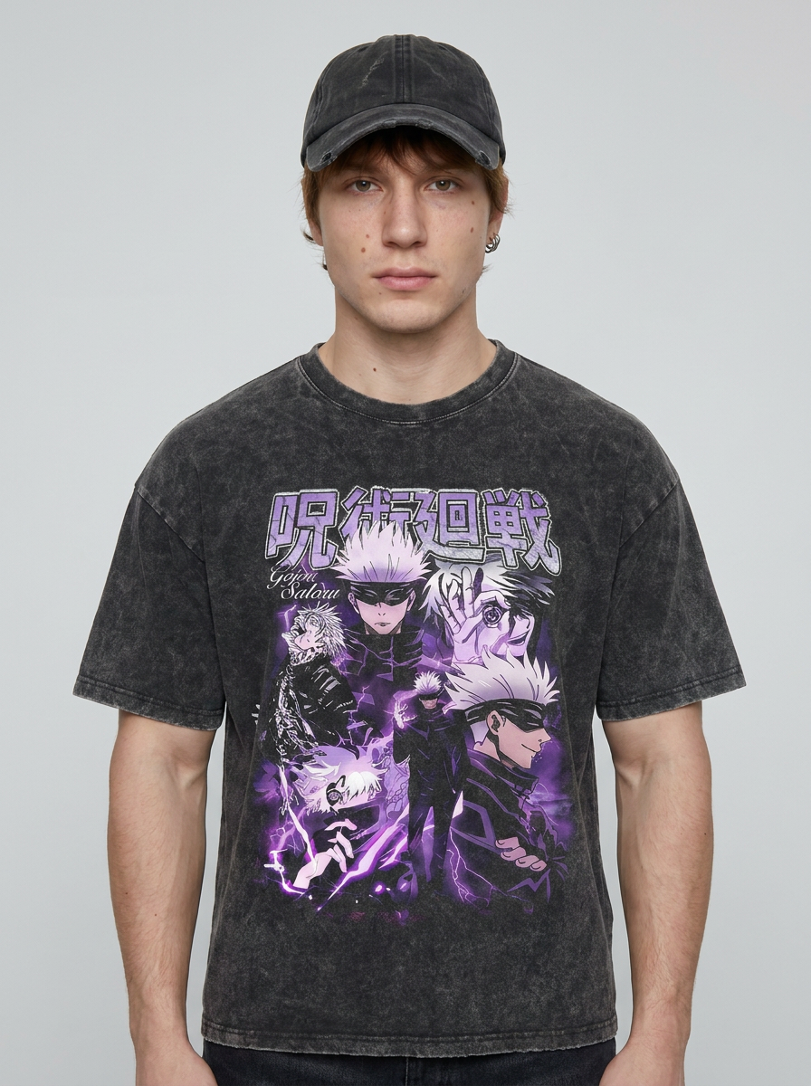 Vintage Washable T-Shirt - Streetwear Anime Graphic on male model — washed black t-shirt front view | Tempus Arc premium anime streetwear