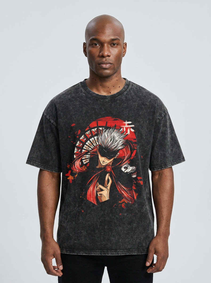Vintage Washable T-Shirt - Streetwear Anime Graphic on male model — washed black t-shirt front view | Tempus Arc premium anime streetwear