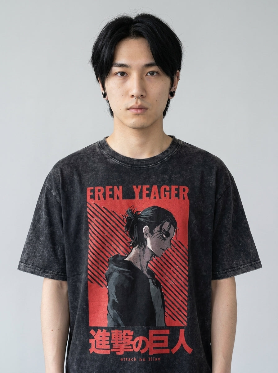 Vintage Washable T-Shirt - Streetwear Anime Graphic on male model — washed black t-shirt front view | Tempus Arc premium anime streetwear