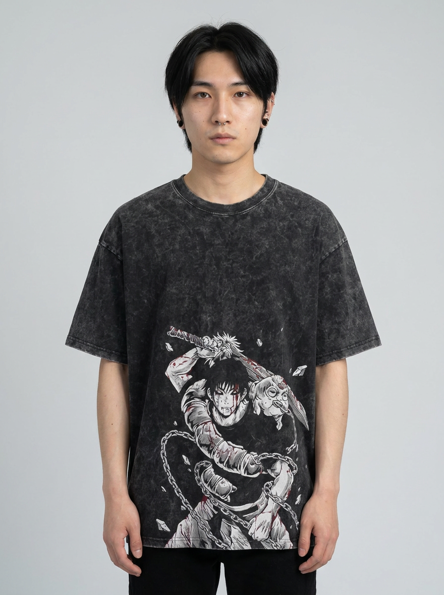 Vintage Washable T-Shirt - Streetwear Anime Graphic on male model — washed black t-shirt front view | Tempus Arc premium anime streetwear