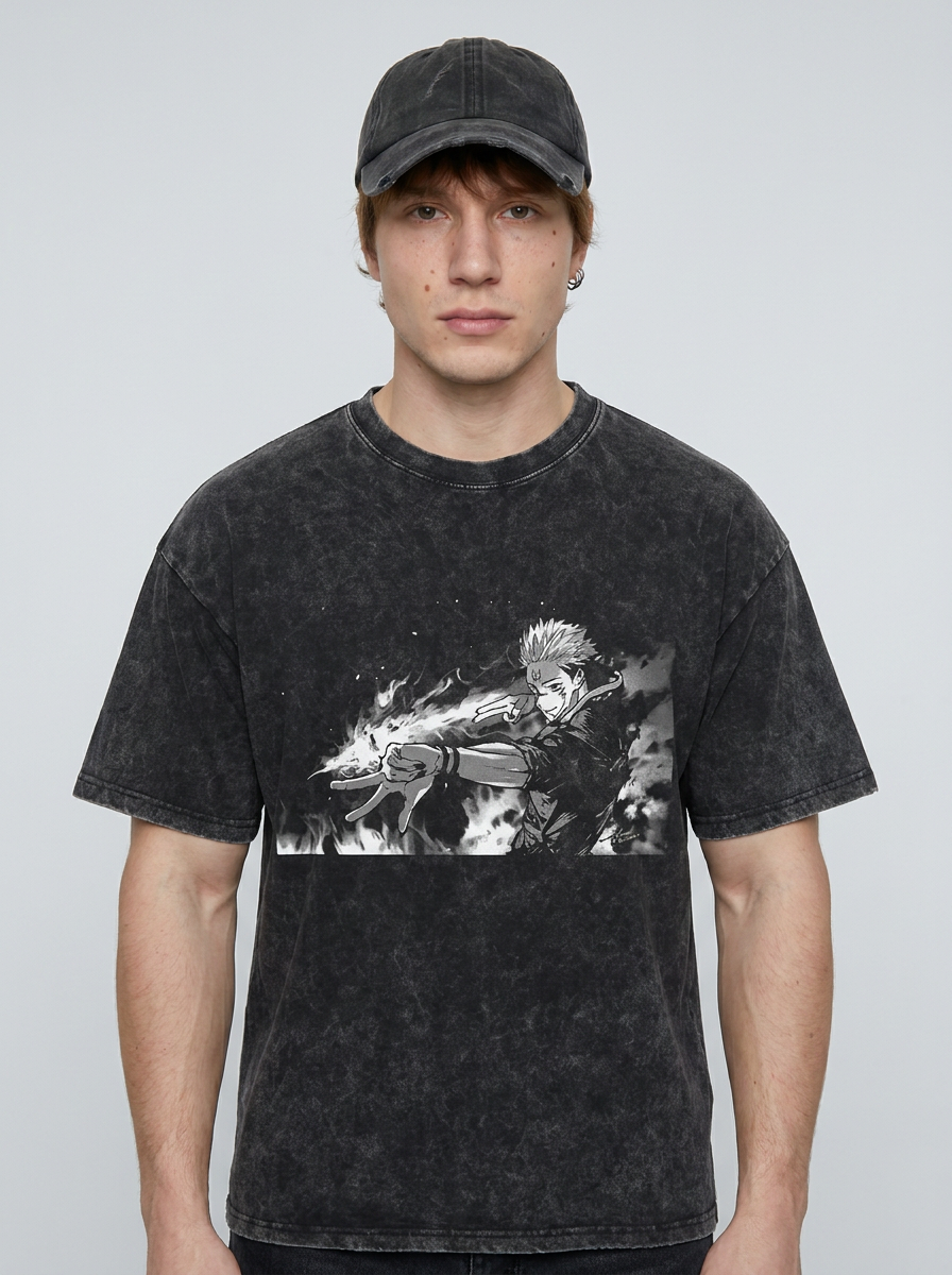 Vintage Washable T-Shirt - Streetwear Anime Graphic on male model — washed black t-shirt front view | Tempus Arc premium anime streetwear