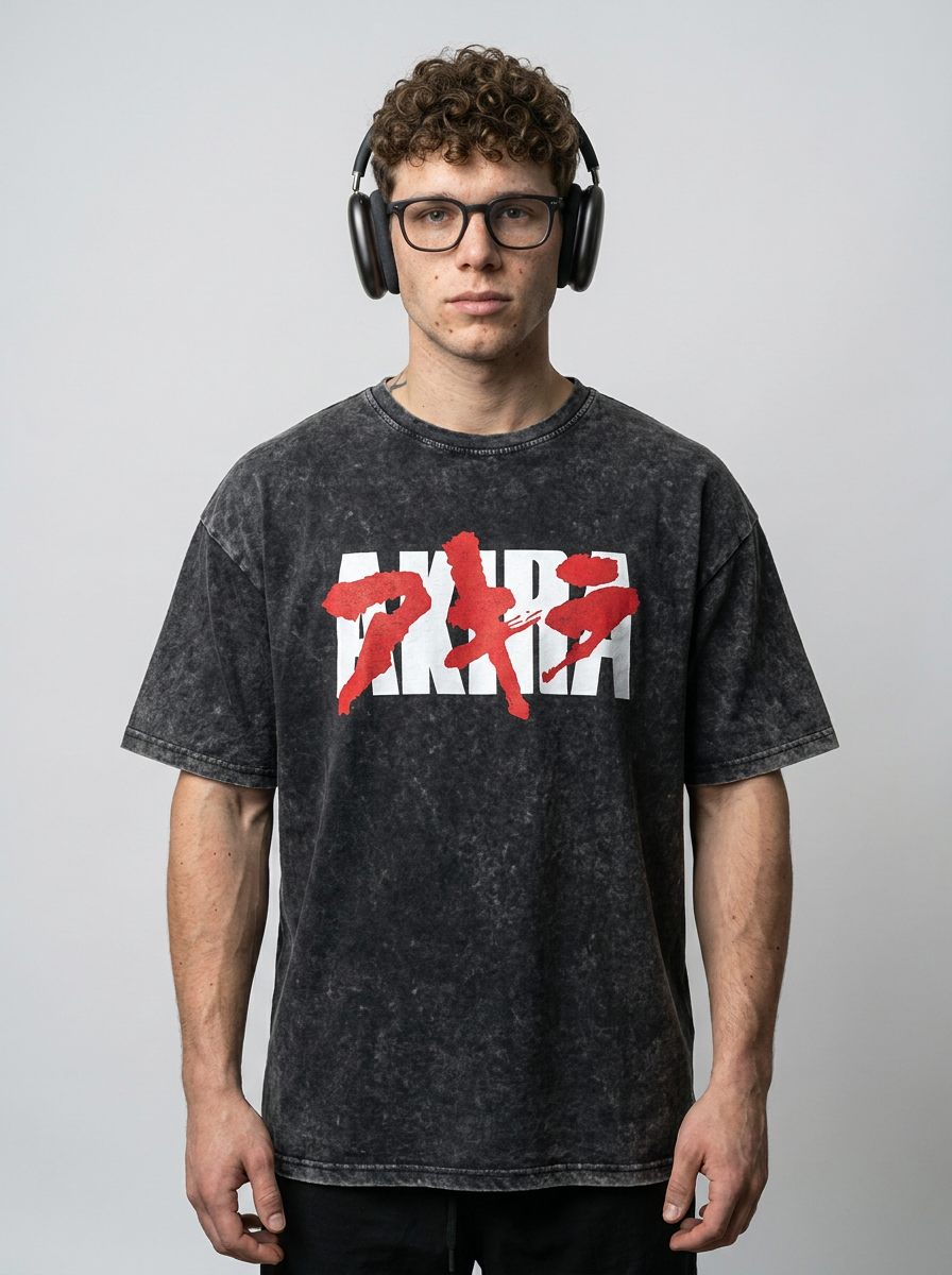 Vintage Washable T-Shirt - Streetwear Anime Graphic on male model — washed black t-shirt front view | Tempus Arc premium anime streetwear