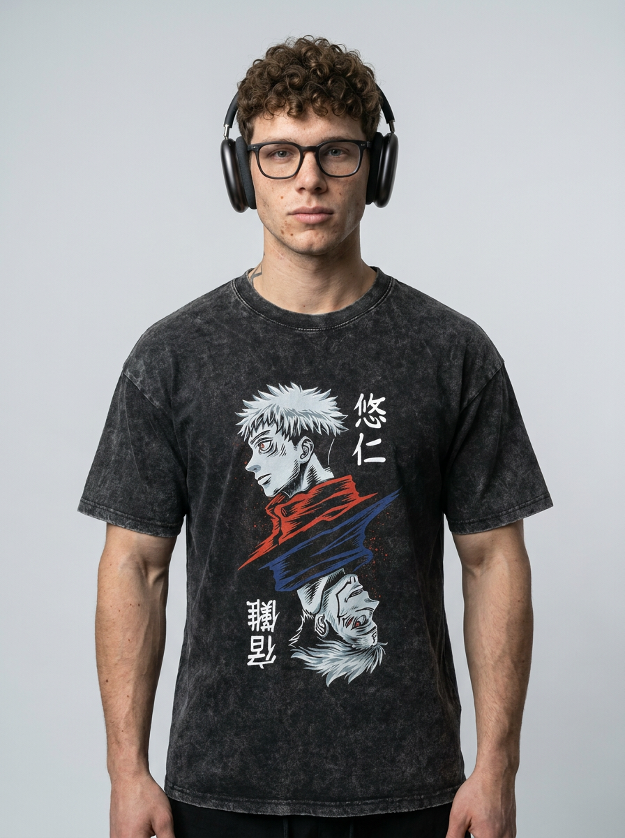 Vintage Washable T-Shirt - Streetwear Anime Graphic on male model — washed black t-shirt front view | Tempus Arc premium anime streetwear