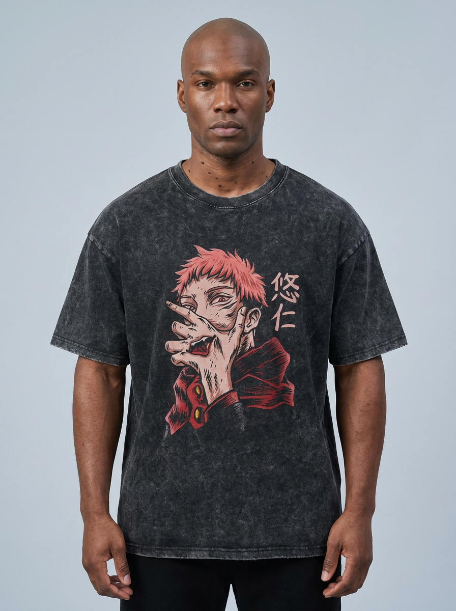 Vintage Washable T-Shirt - Streetwear Anime Graphic on male model — washed black t-shirt front view | Tempus Arc premium anime streetwear