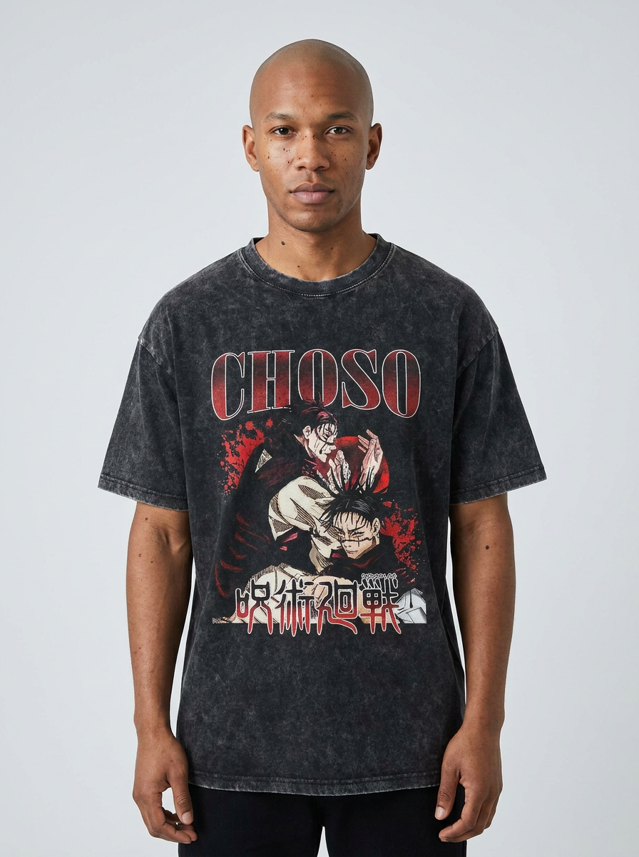Vintage Washable T-Shirt - Streetwear Anime Graphic on male model — washed black t-shirt front view | Tempus Arc premium anime streetwear
