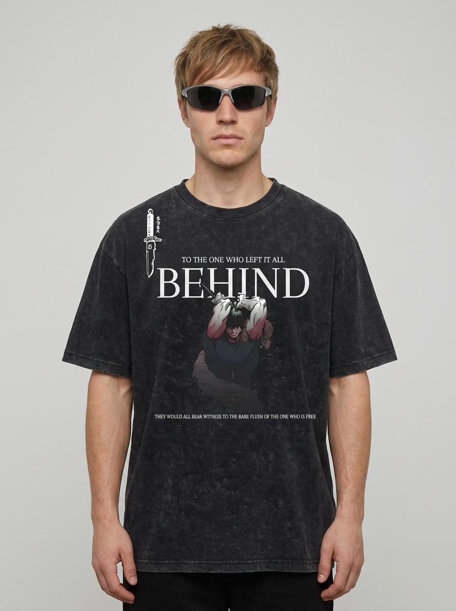 Vintage Washable T-Shirt - Streetwear Anime Graphic on male model — washed black t-shirt front view | Tempus Arc premium anime streetwear