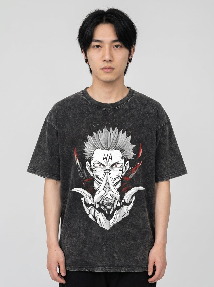 Vintage Washable T-Shirt - Streetwear Anime Graphic on male model — washed black t-shirt front view | Tempus Arc premium anime streetwear