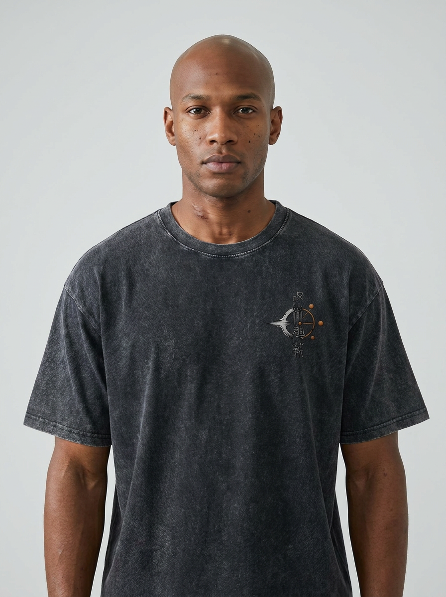 Vintage Washable T-Shirt - Streetwear Anime Graphic on male model — washed black t-shirt front view | Tempus Arc premium anime streetwear