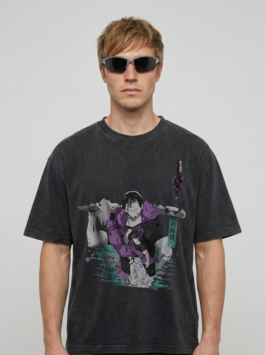 Vintage Washable T-Shirt - Streetwear Anime Graphic on male model — washed black t-shirt front view | Tempus Arc premium anime streetwear