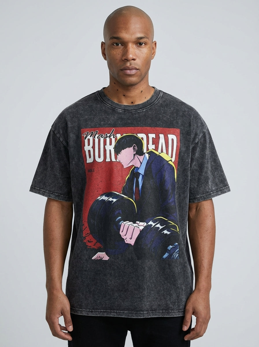 Vintage Washable T-Shirt - Streetwear Anime Graphic on male model — washed black t-shirt front view | Tempus Arc premium anime streetwear