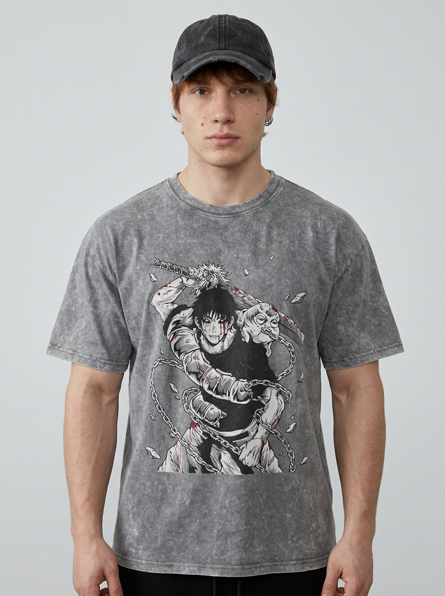 Vintage Washable T-Shirt - Streetwear Anime Graphic on male model — washed black t-shirt front view | Tempus Arc premium anime streetwear