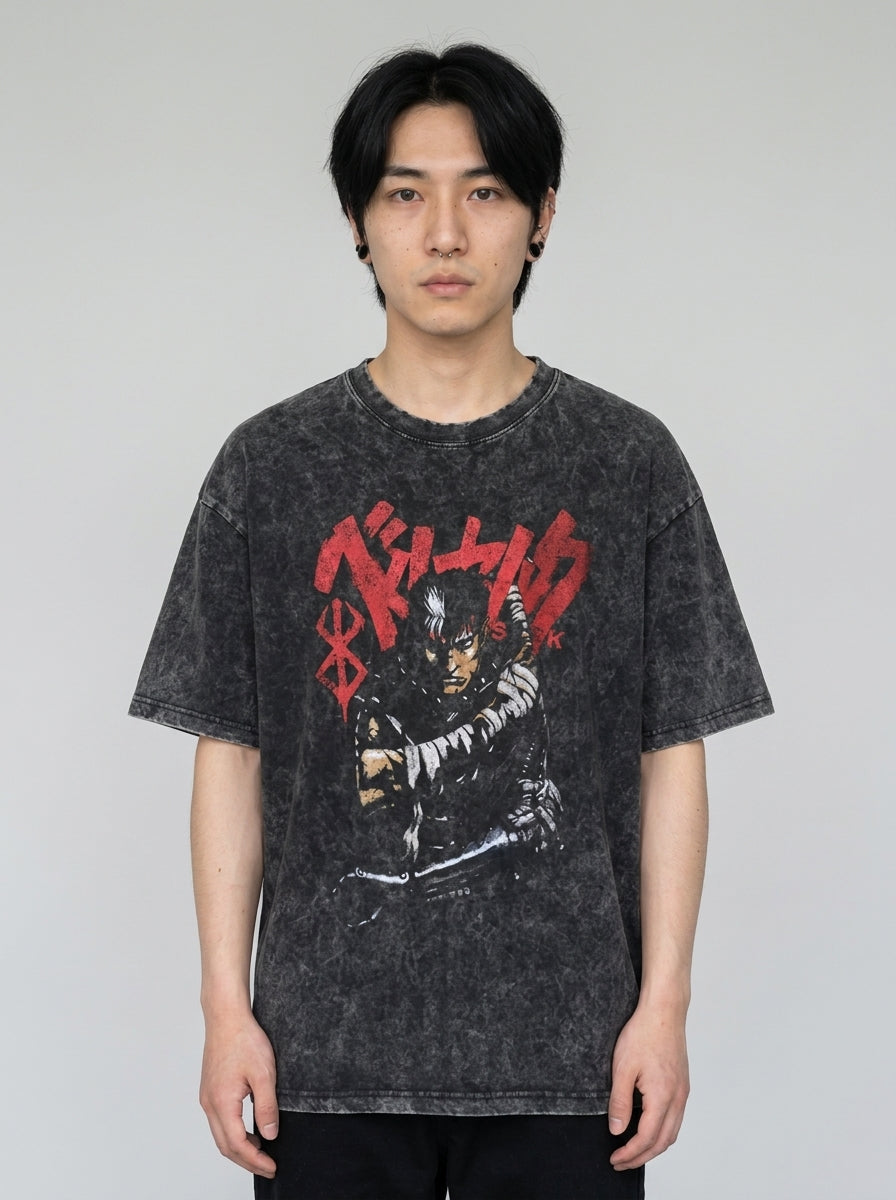 Vintage Washable T-Shirt - Streetwear Anime Graphic model frontal central — washed black t-shirt | Tempus Arc premium anime streetwear