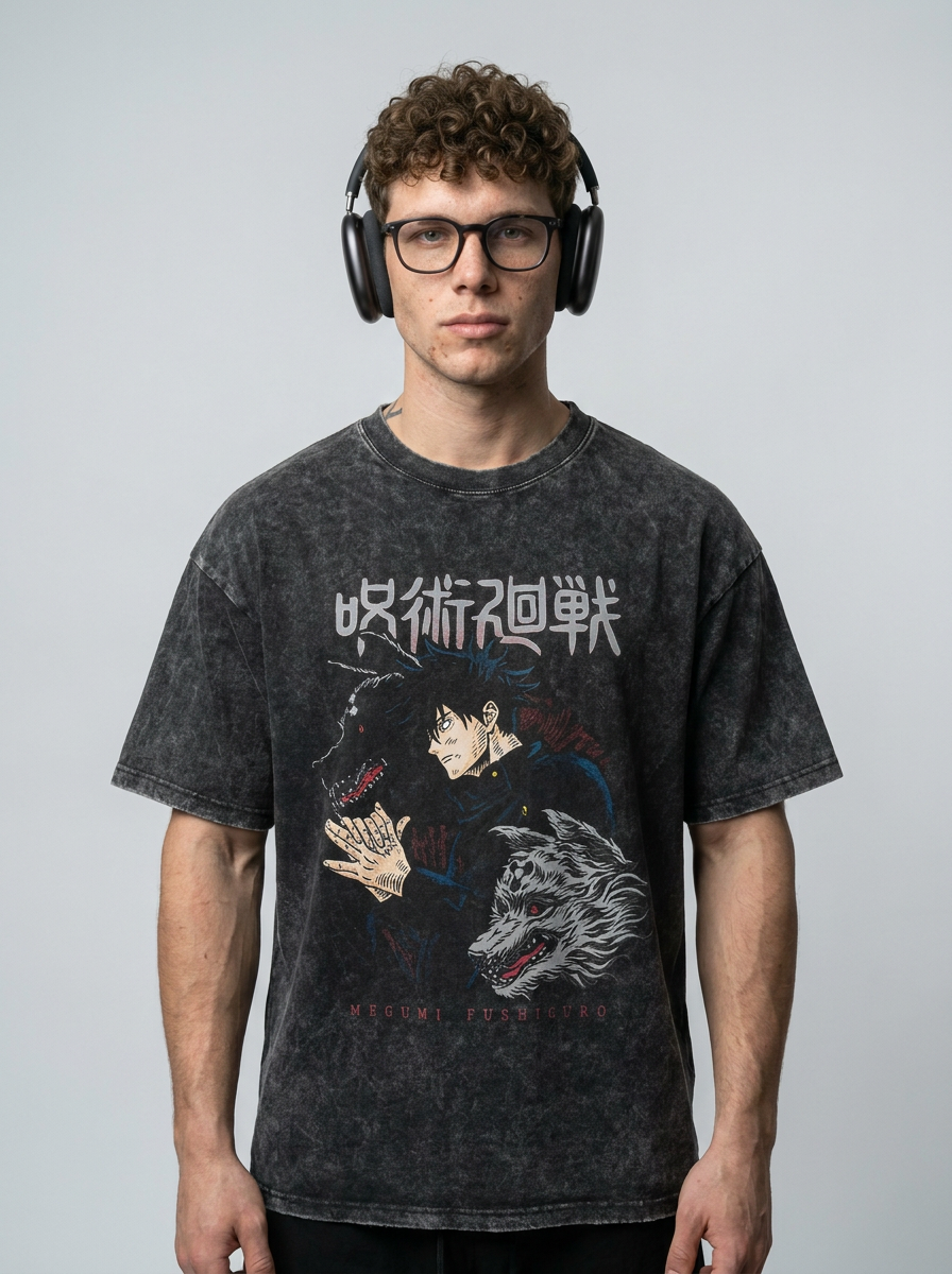 Vintage Washable T-Shirt - Streetwear Anime Graphic model frontal central — washed black t-shirt | Tempus Arc premium anime streetwear