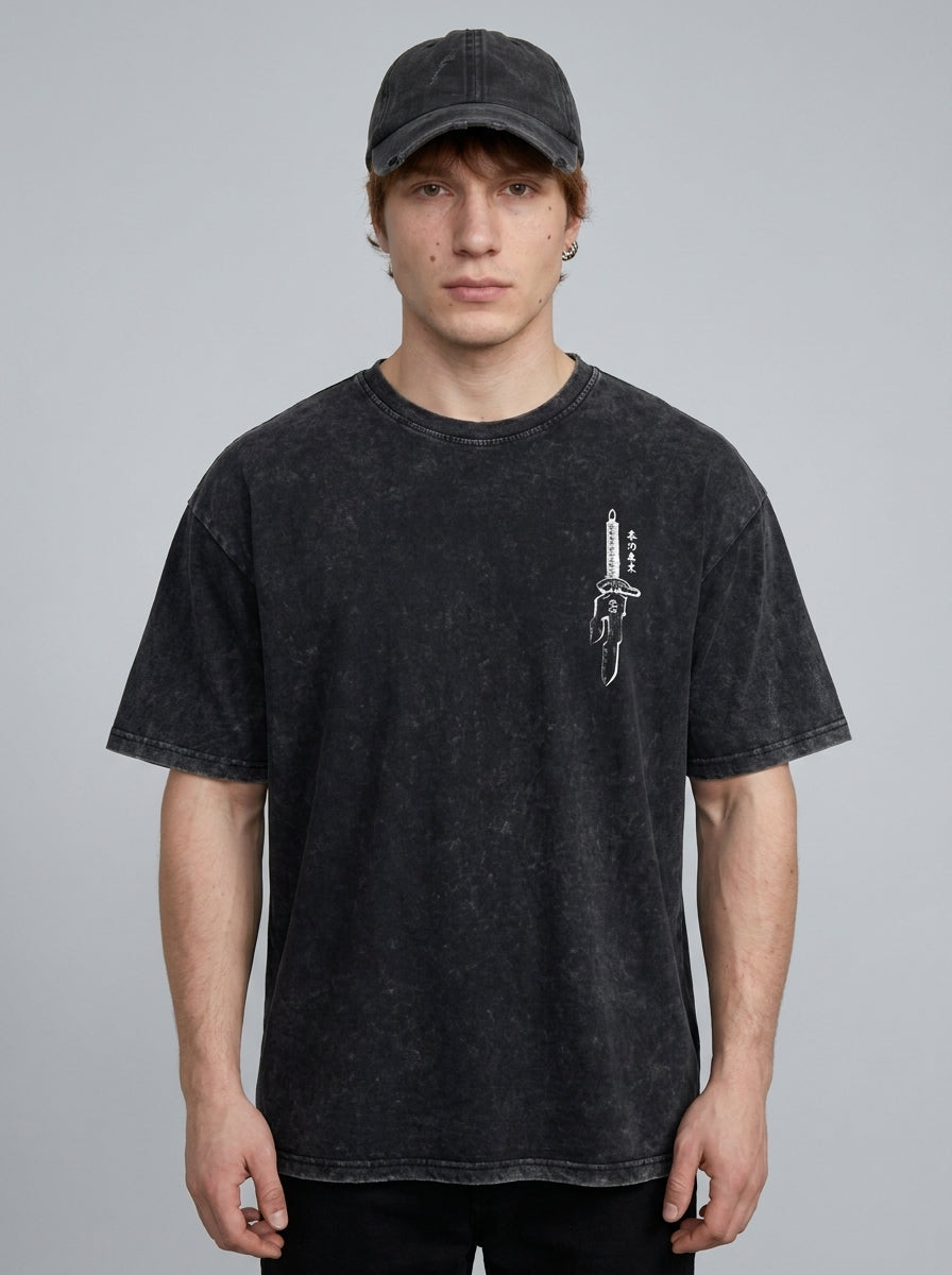 Vintage Washable T-Shirt - Streetwear Anime Graphic model frontal central — washed black t-shirt | Tempus Arc premium anime streetwear