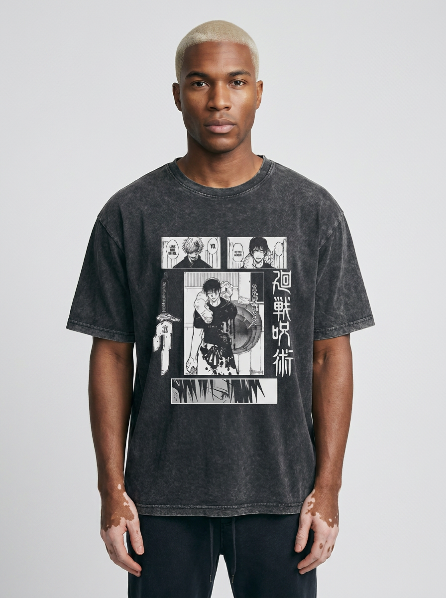 Vintage Washable T-Shirt - Streetwear Anime Graphic model frontal central — washed black t-shirt | Tempus Arc premium anime streetwear