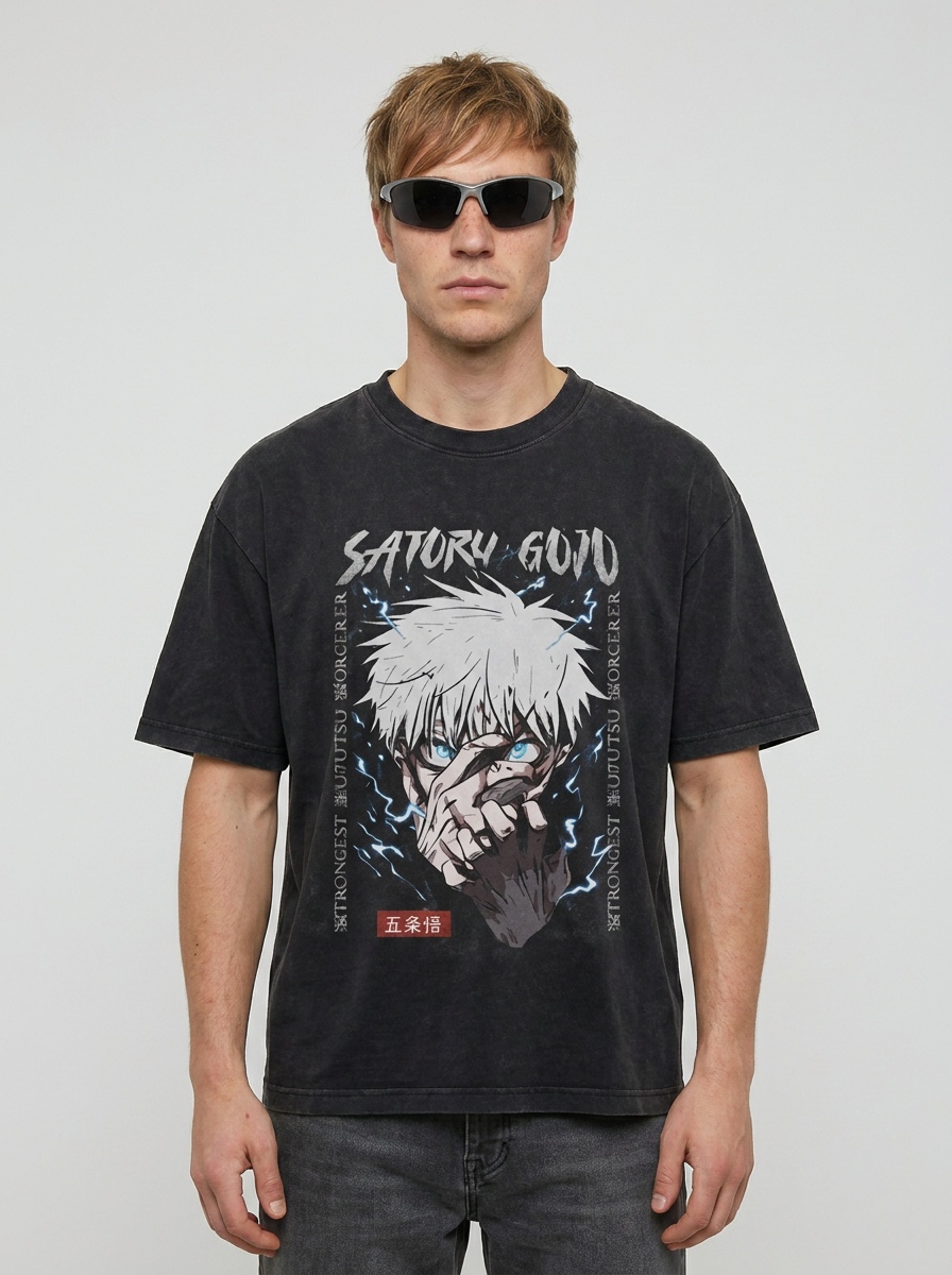 Vintage Washable T-Shirt - Streetwear Anime Graphic model frontal central — washed black t-shirt | Tempus Arc premium anime streetwear