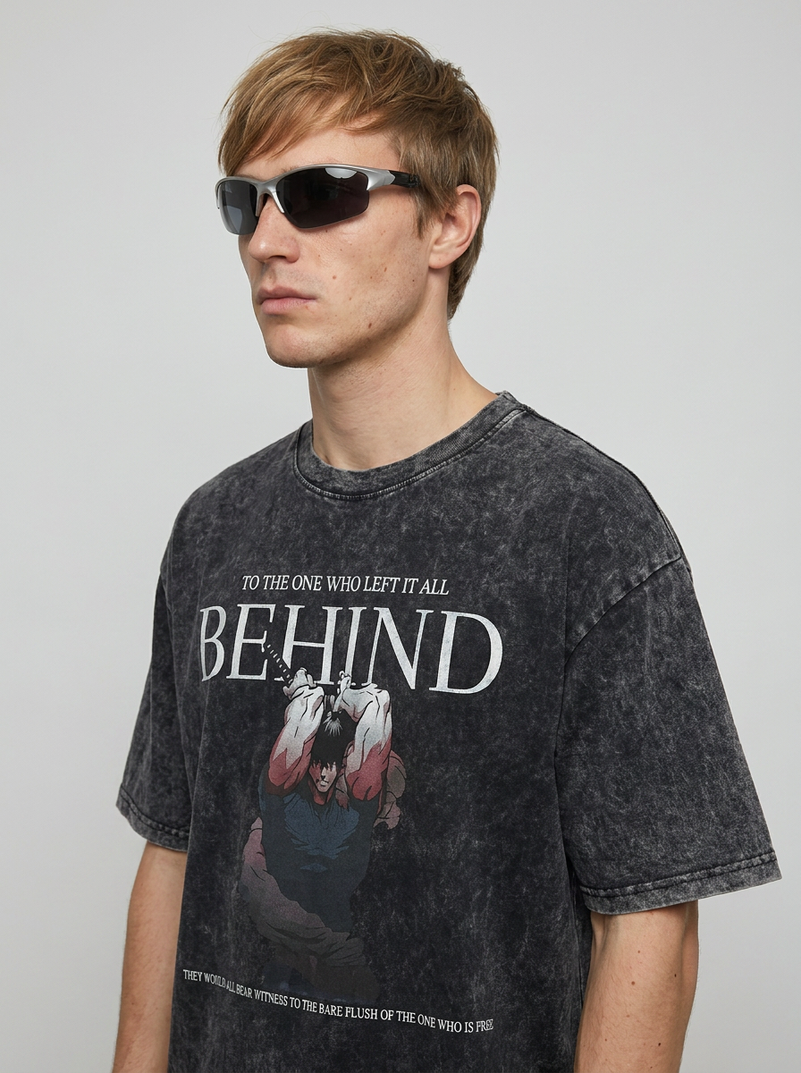 Vintage Washable T-Shirt - Streetwear Anime Graphic side view on model — oversized washed cotton t-shirt | Tempus Arc premium anime streetwear