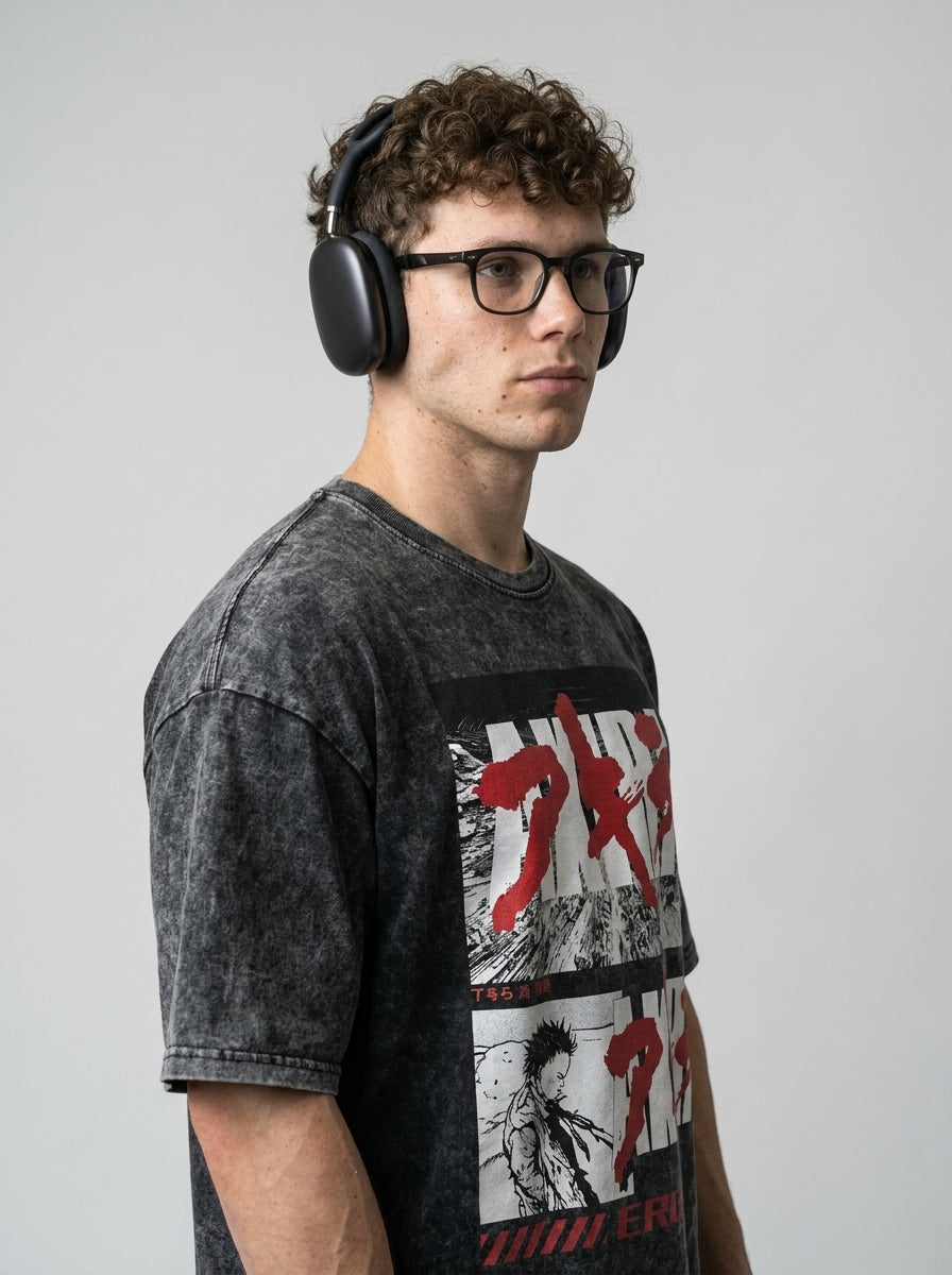Vintage Washable T-Shirt - Streetwear Anime Graphic side view on model — oversized washed cotton t-shirt | Tempus Arc premium anime streetwear