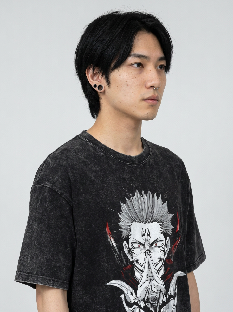 Vintage Washable T-Shirt - Streetwear Anime Graphic side view on model — oversized washed cotton t-shirt | Tempus Arc premium anime streetwear
