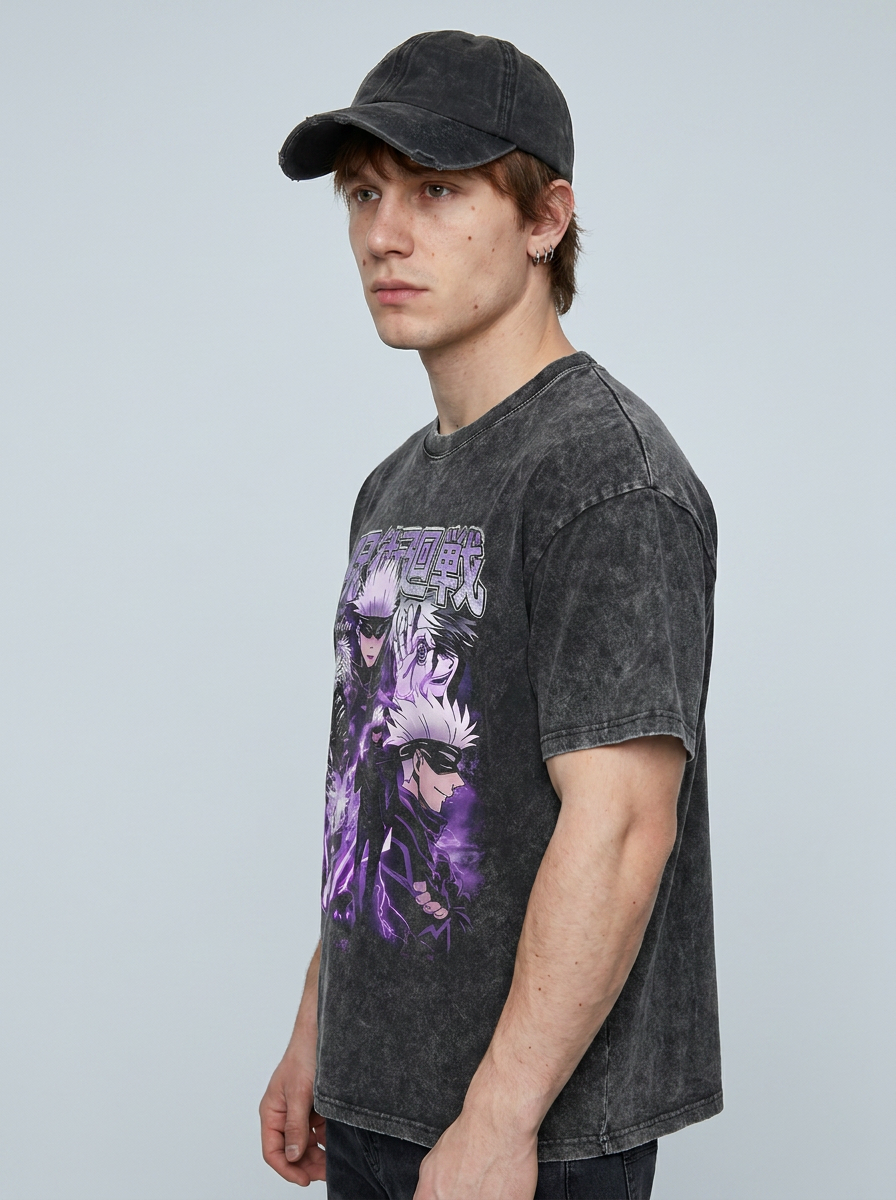 Vintage Washable T-Shirt - Streetwear Anime Graphic side view on model — oversized washed cotton t-shirt | Tempus Arc premium anime streetwear