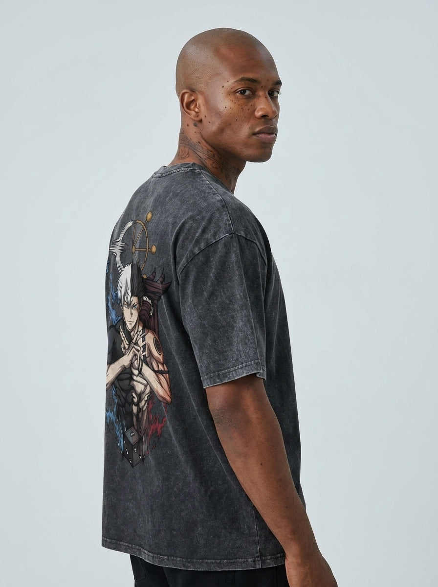 Vintage Washable T-Shirt - Streetwear Anime Graphic side view on model — oversized washed cotton t-shirt | Tempus Arc premium anime streetwear