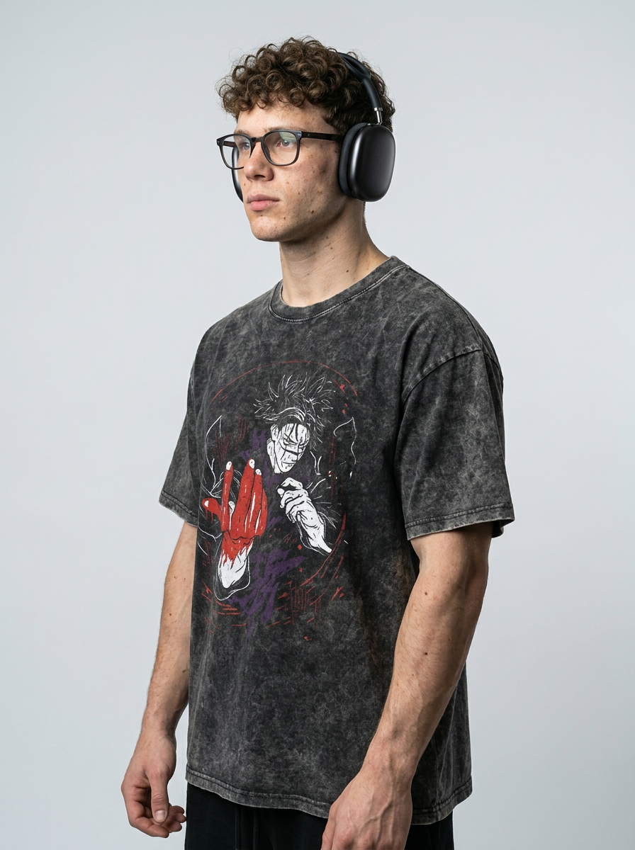 Vintage Washable T-Shirt - Streetwear Anime Graphic side view on model — oversized washed cotton t-shirt | Tempus Arc premium anime streetwear