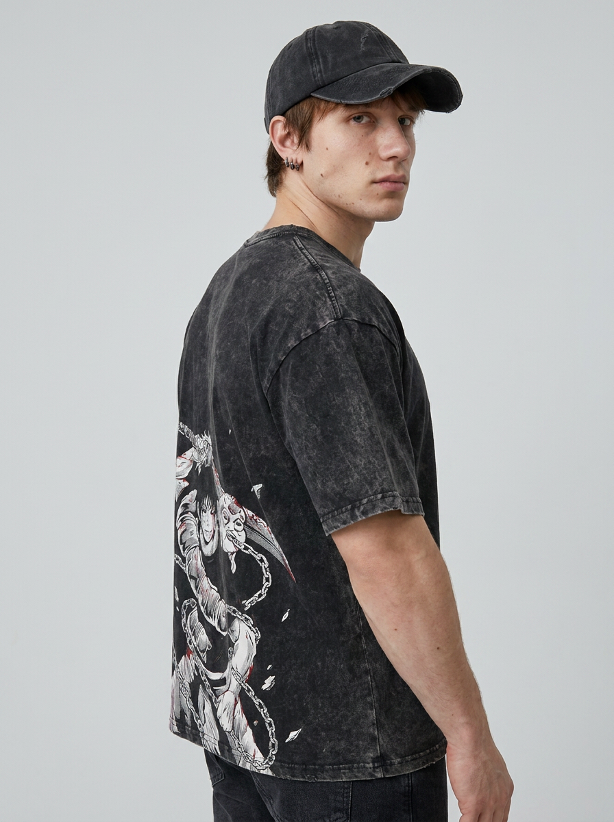 Vintage Washable T-Shirt - Streetwear Anime Graphic side view on model — oversized washed cotton t-shirt | Tempus Arc premium anime streetwear
