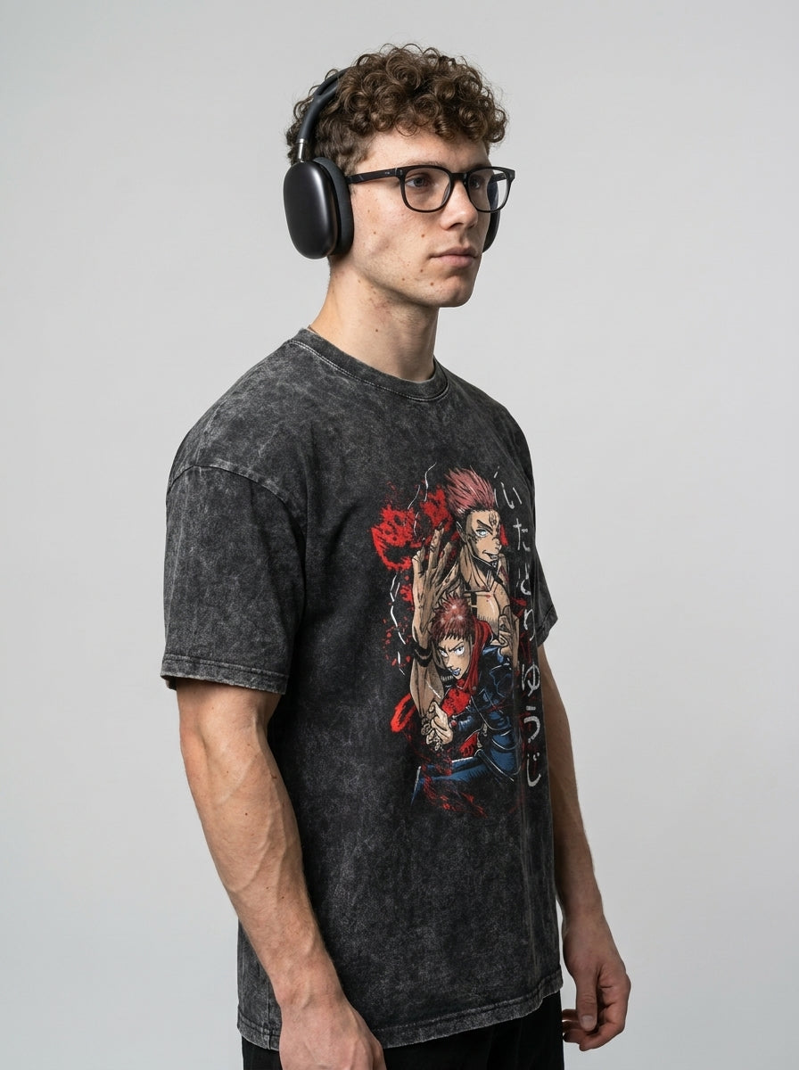 Vintage Washable T-Shirt - Streetwear Anime Graphic side view on model — oversized washed cotton t-shirt | Tempus Arc premium anime streetwear