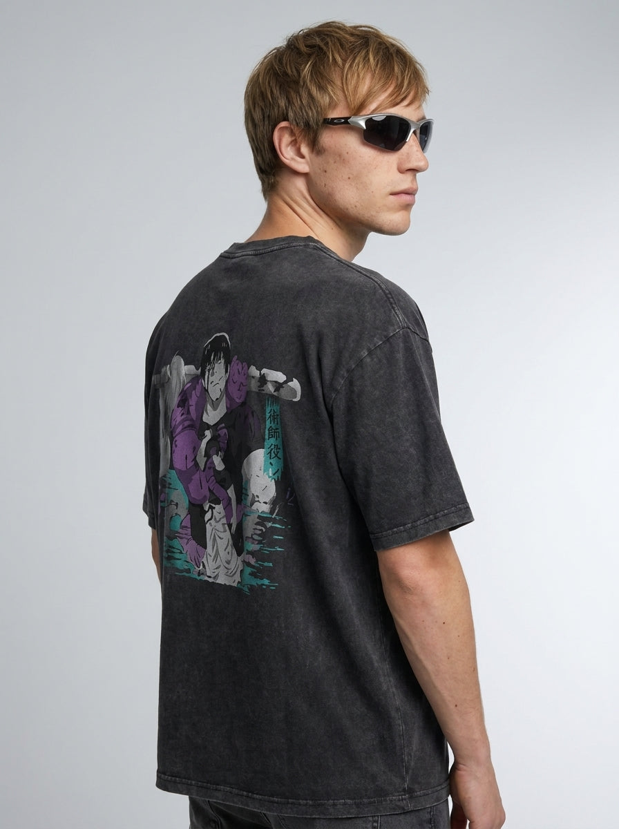 Vintage Washable T-Shirt - Streetwear Anime Graphic side view on model — oversized washed cotton t-shirt | Tempus Arc premium anime streetwear