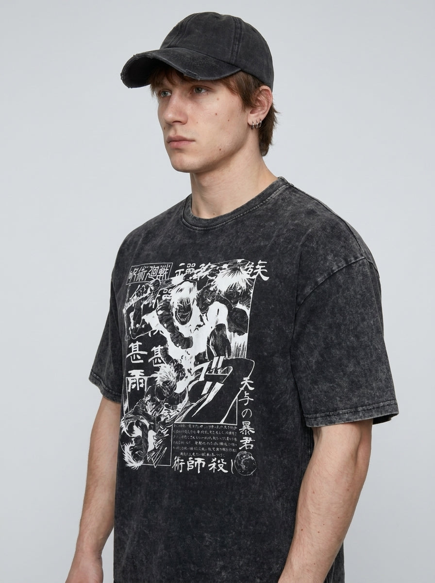 Vintage Washable T-Shirt - Streetwear Anime Graphic model lateral 3/4 — oversized washed cotton t-shirt | Tempus Arc premium anime streetwear