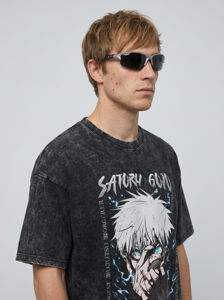 Vintage Washable T-Shirt - Streetwear Anime Graphic model lateral 3/4 — oversized washed cotton t-shirt | Tempus Arc premium anime streetwear