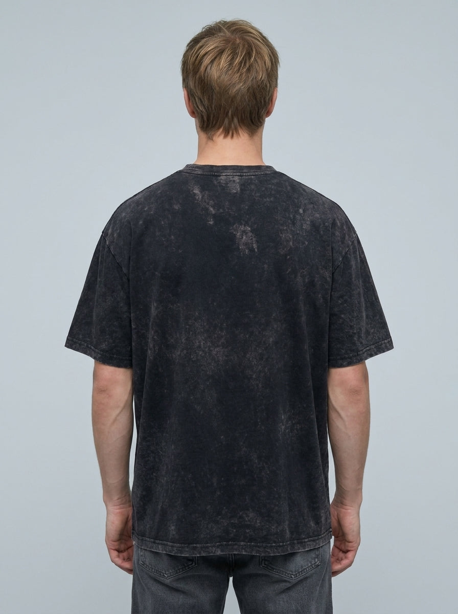 Back view of washed black oversized t-shirt | Tempus Arc premium anime streetwear
