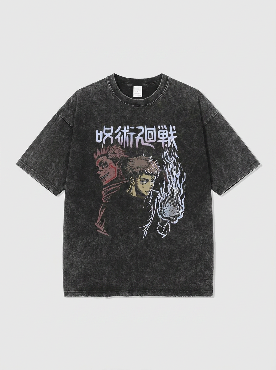 Vintage Washable T-Shirt - Streetwear Anime Graphic flat lay — washed black oversized anime t-shirt | Tempus Arc premium anime streetwear