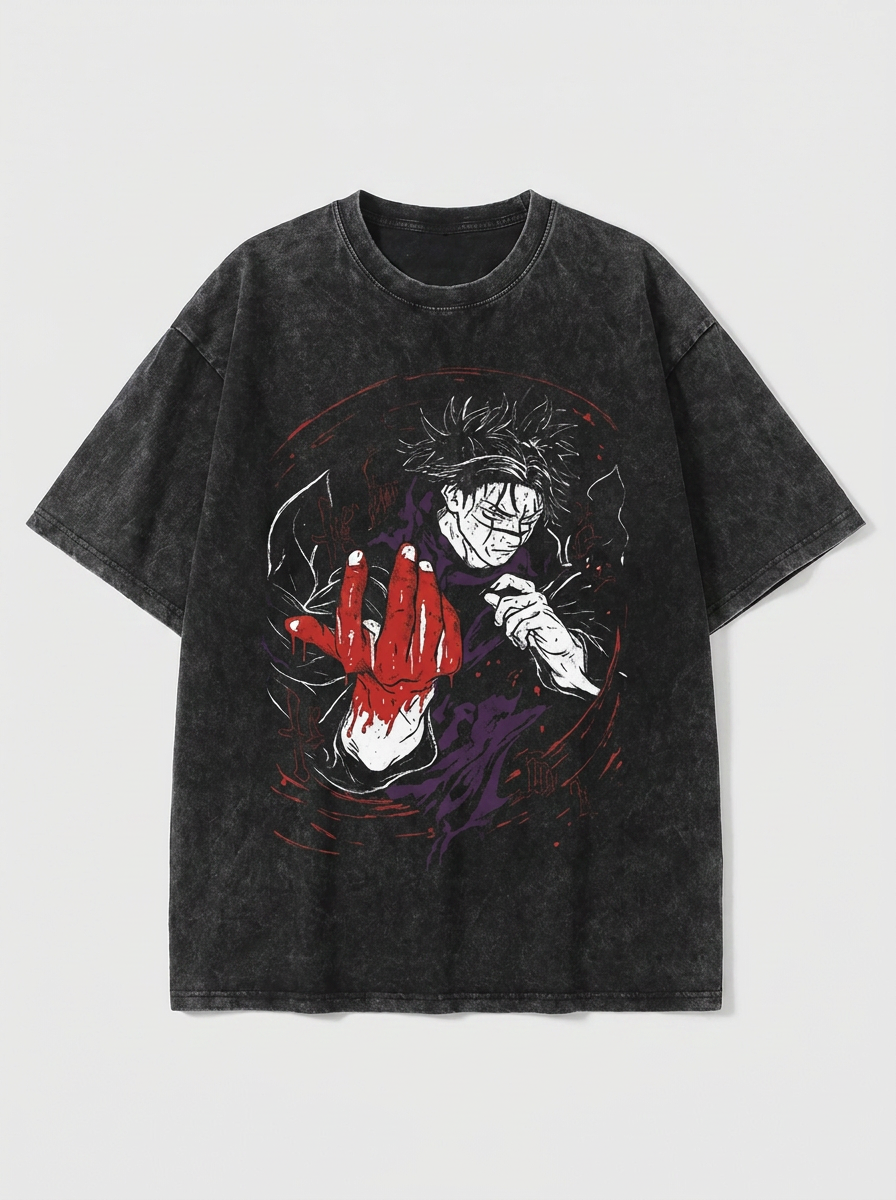 Vintage Washable T-Shirt - Streetwear Anime Graphic flat lay — washed black oversized anime t-shirt | Tempus Arc premium anime streetwear