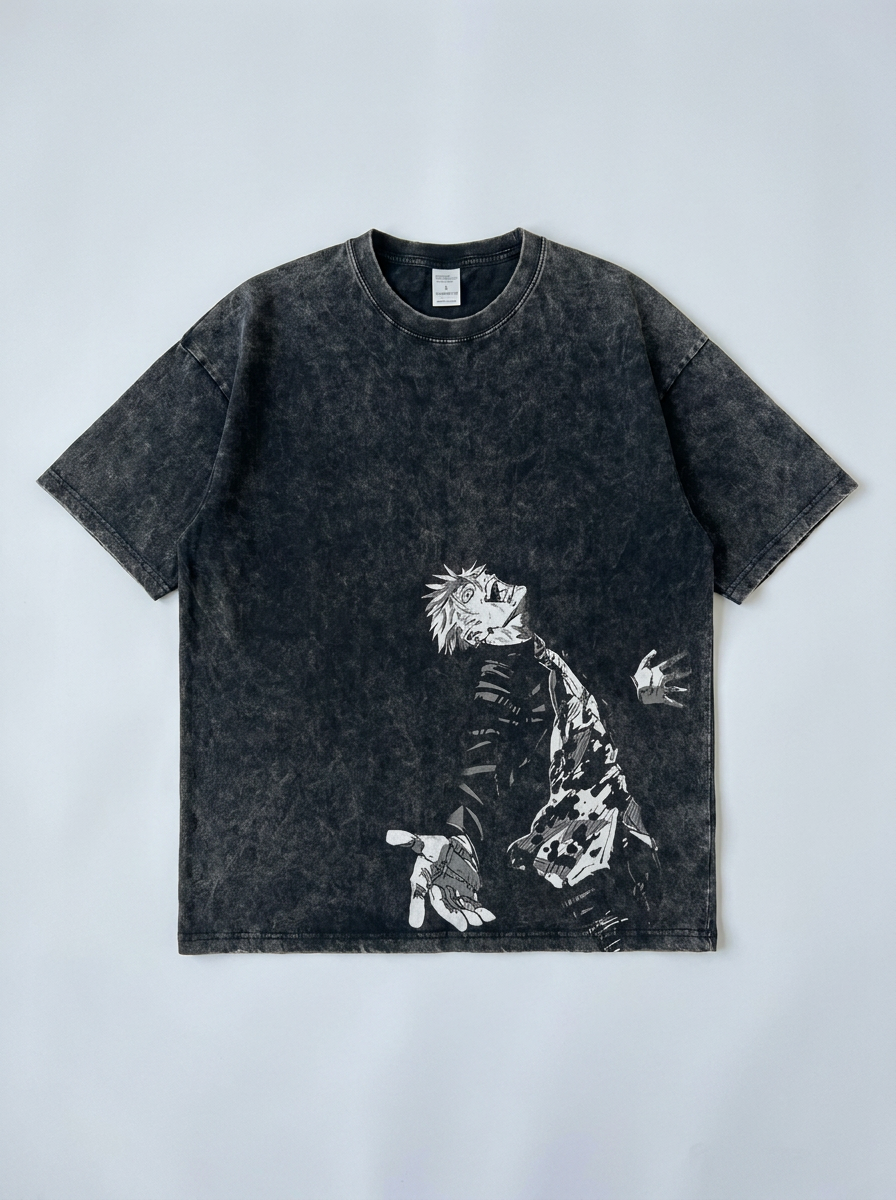 Vintage Washable T-Shirt - Streetwear Anime Graphic flat lay — washed black oversized anime t-shirt | Tempus Arc premium anime streetwear