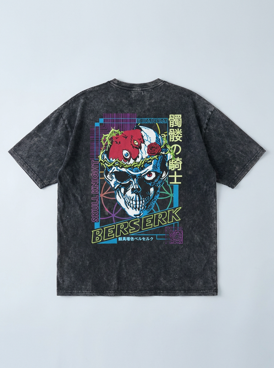 Vintage Washable T-Shirt - Streetwear Anime Graphic flat lay — washed black oversized anime t-shirt | Tempus Arc premium anime streetwear