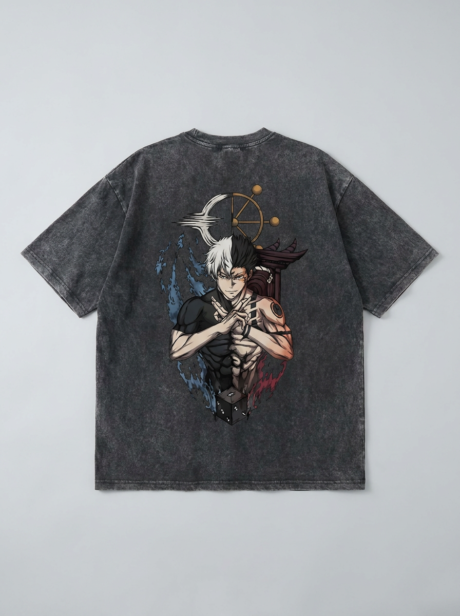 Vintage Washable T-Shirt - Streetwear Anime Graphic flat lay — washed black oversized anime t-shirt | Tempus Arc premium anime streetwear