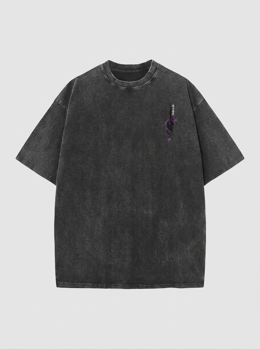 Vintage Washable T-Shirt - Streetwear Anime Graphic flat lay — washed black oversized anime t-shirt | Tempus Arc premium anime streetwear