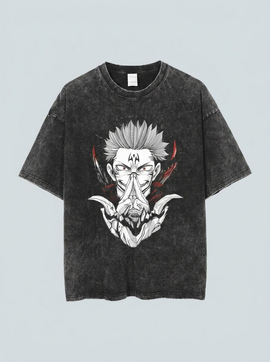 Vintage Washable T-Shirt - Streetwear Anime Graphic flat lay — washed black oversized anime t-shirt | Tempus Arc premium anime streetwear