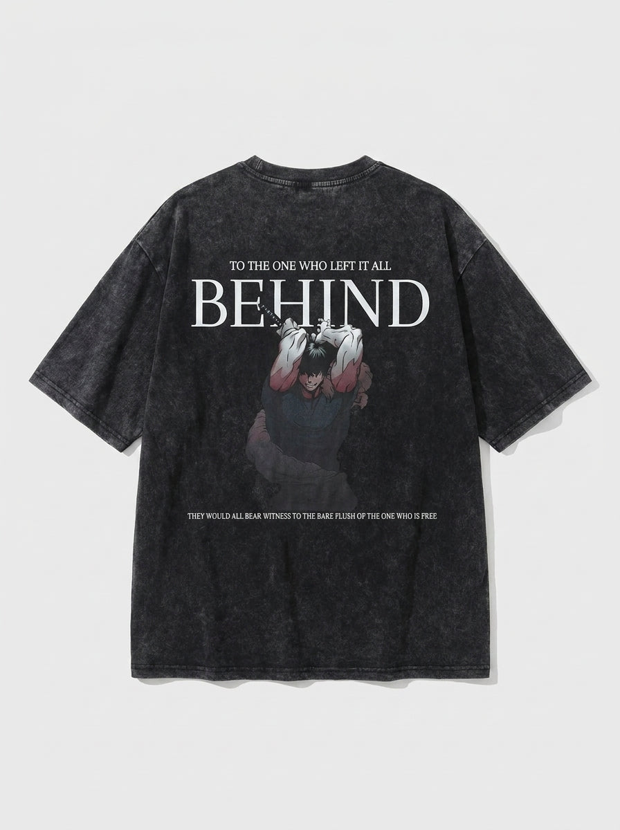 Vintage Washable T-Shirt - Streetwear Anime Graphic flat lay — washed black oversized anime t-shirt | Tempus Arc premium anime streetwear