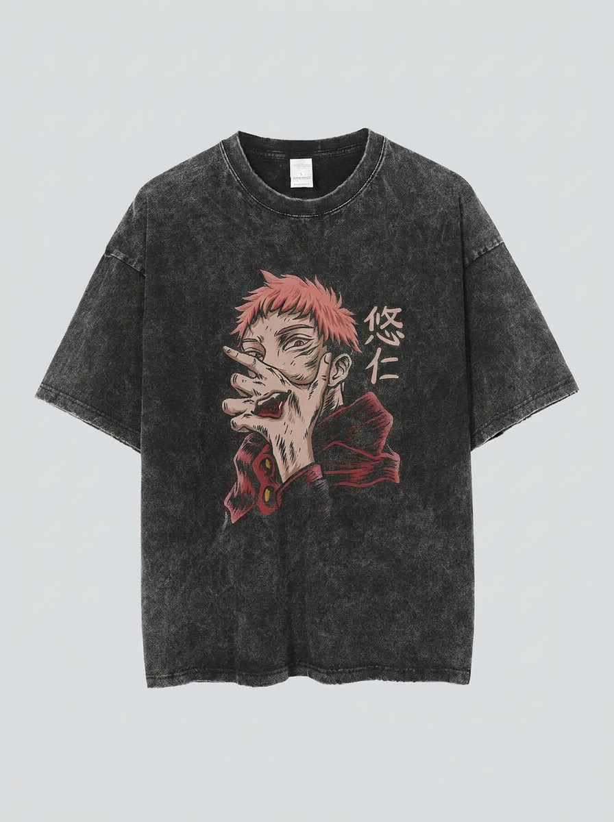 Vintage Washable T-Shirt - Streetwear Anime Graphic flat lay — washed black oversized anime t-shirt | Tempus Arc premium anime streetwear