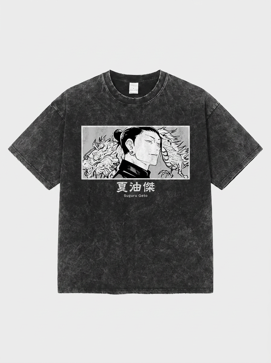 Vintage Washable T-Shirt - Streetwear Anime Graphic flat lay — washed black oversized anime t-shirt | Tempus Arc premium anime streetwear