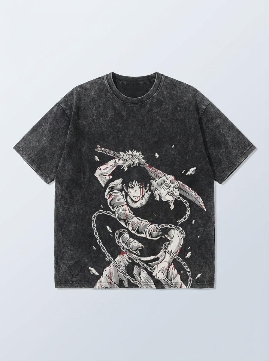 Vintage Washable T-Shirt - Streetwear Anime Graphic flat lay — washed black oversized anime t-shirt | Tempus Arc premium anime streetwear