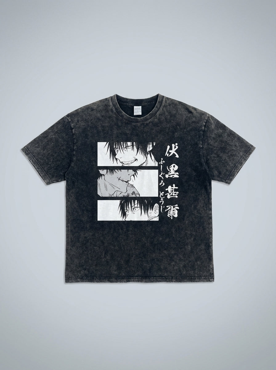 Vintage Washable T-Shirt - Streetwear Anime Graphic flat lay — washed black oversized anime t-shirt | Tempus Arc premium anime streetwear