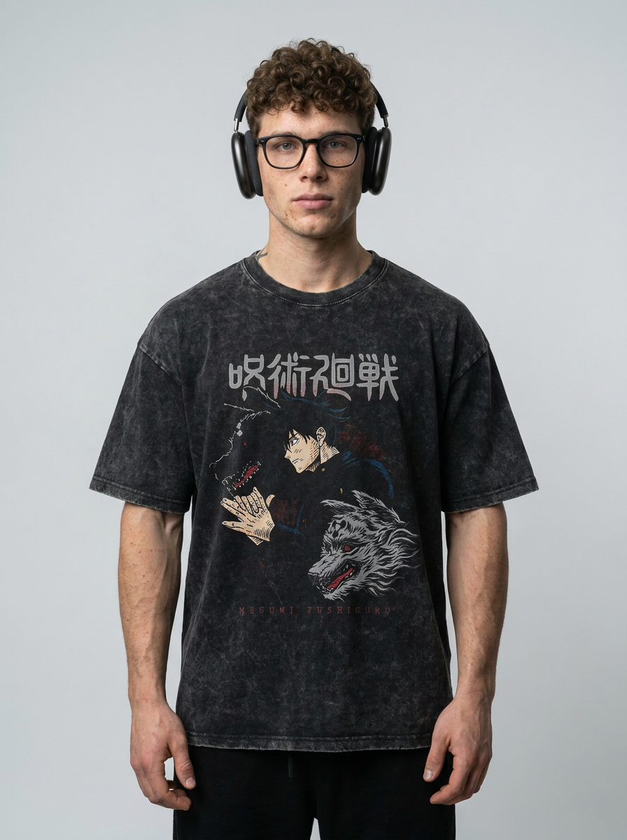Vintage Washable T-Shirt - Streetwear Anime Graphic full body model — oversized boxed t-shirt | Tempus Arc premium anime streetwear