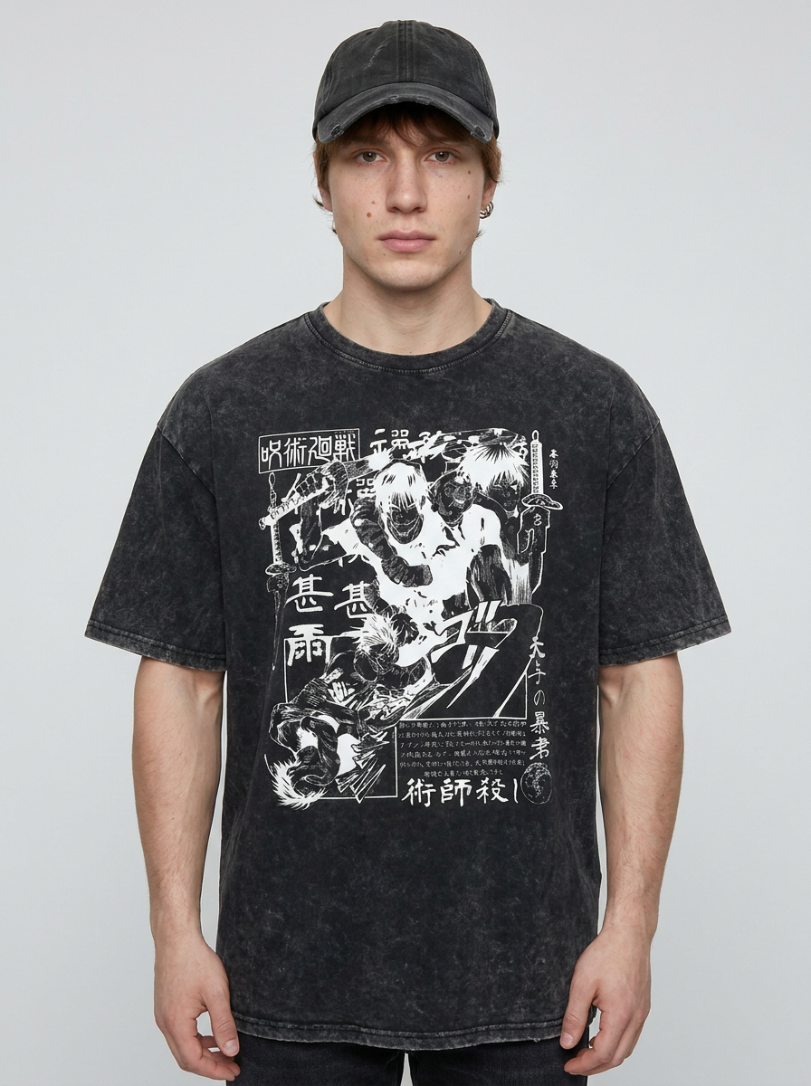 Vintage Washable T-Shirt - Streetwear Anime Graphic full body model — oversized boxed t-shirt | Tempus Arc premium anime streetwear