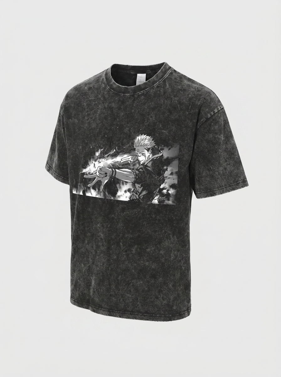 Vintage Washable T-Shirt - Streetwear Anime Graphic angle perspective shot — vintage washed cotton t-shirt | Tempus Arc premium anime streetwear
