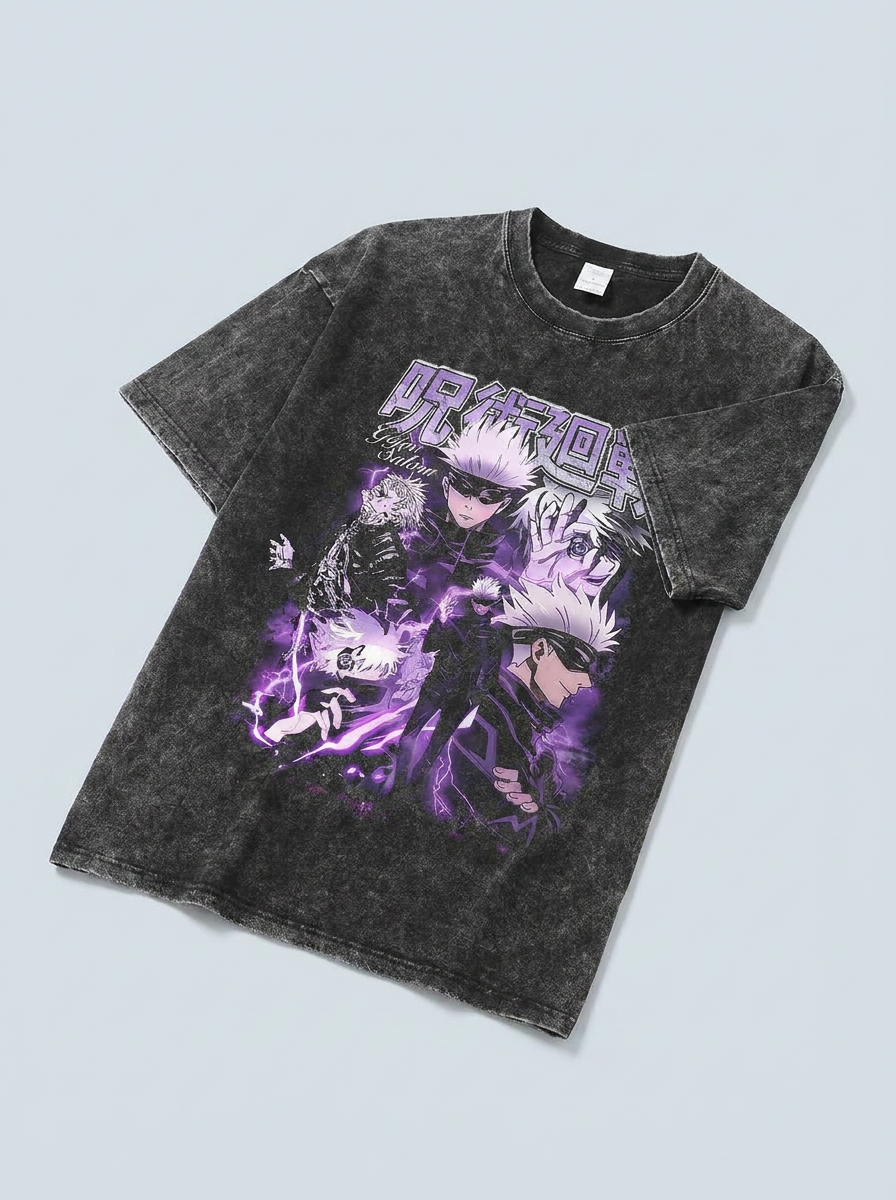 Vintage Washable T-Shirt - Streetwear Anime Graphic angle perspective shot — vintage washed cotton t-shirt | Tempus Arc premium anime streetwear