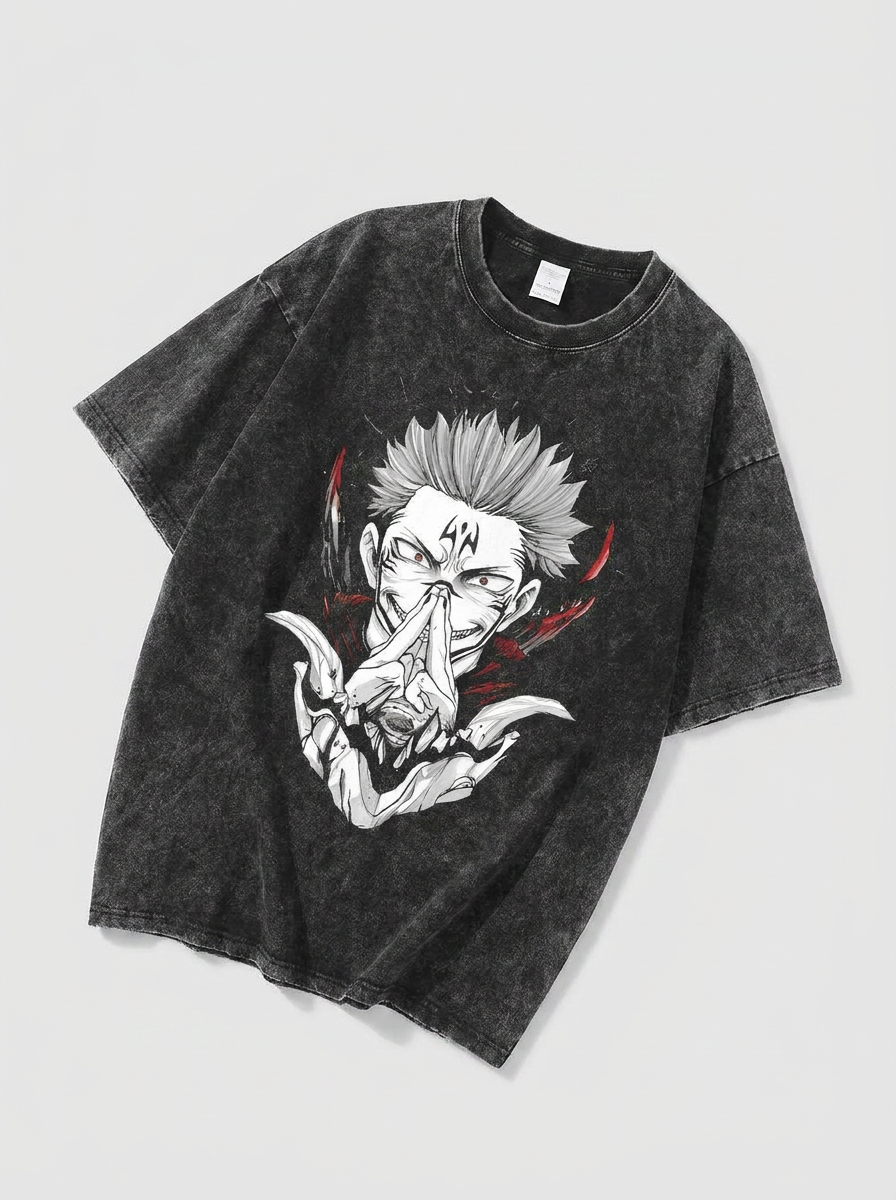 Vintage Washable T-Shirt - Streetwear Anime Graphic angle perspective shot — vintage washed cotton t-shirt | Tempus Arc premium anime streetwear
